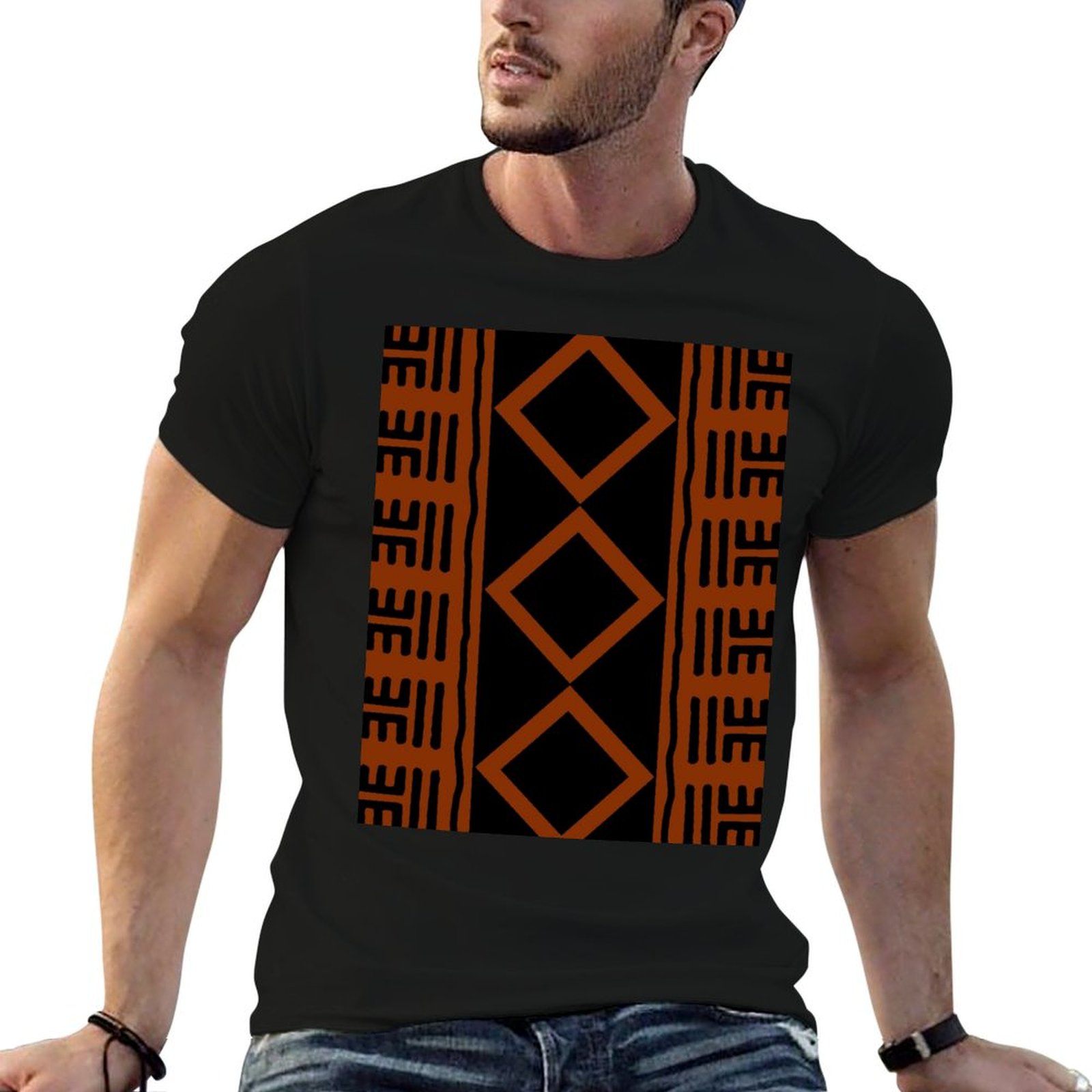 Mudcloth Print Top - T-shirt in tessuto africano color ruggine,